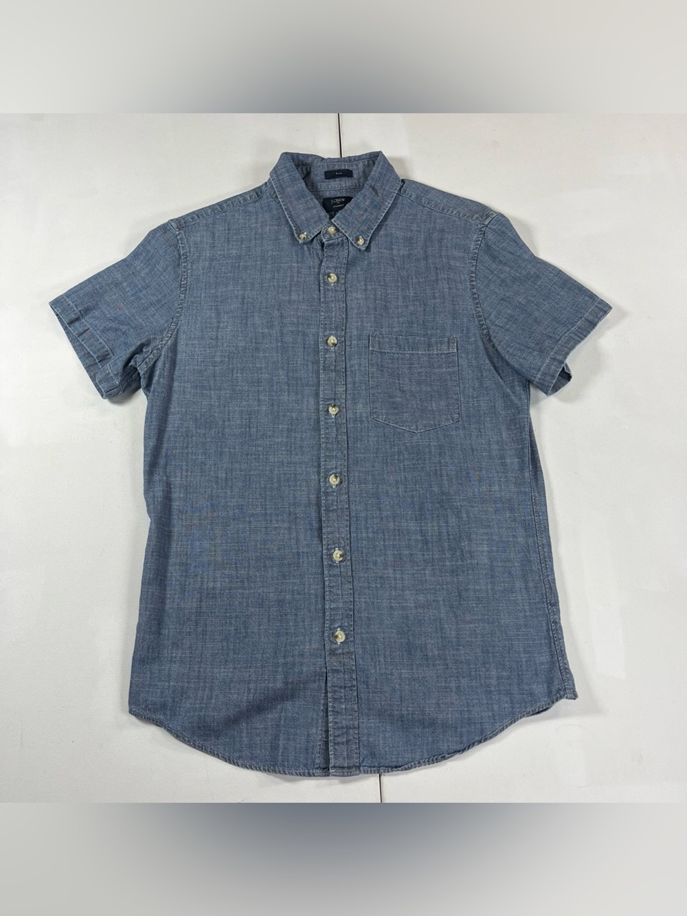 J Crew Chambray Shirt Short Sleeve Button Down Slim Fit Pocket Blue Men’s S